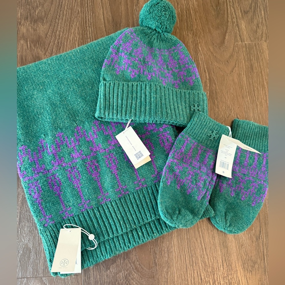 Tory Burch Merino Wool Fair Isle Purple/Green hat/scarf/mittens snow bundle nwt